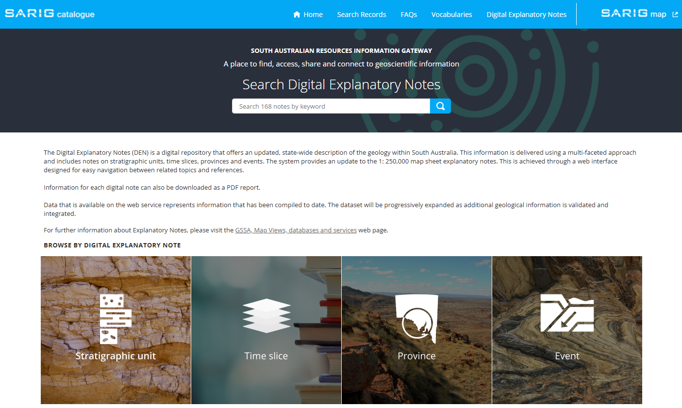 Screenshot of the digital explanatory notes home page