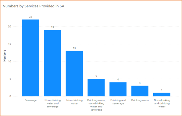 Chart showing split between services provided by water industry entities in South Australia. The highest is Sewerage with 22, then Non-drinking water and sewerage with 19, then Non-drinking water with 13, then Drinking water, non-drinking water and sewerage with 5, then Drinking and sewerage with 4, then Drinking water with 3 and Non-drinking water and drinking water with 1.