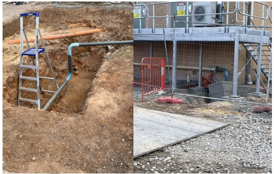 Photos showing piping in the ground and against a building.