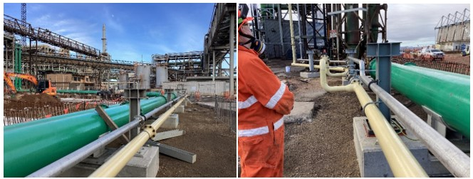 Photos of large green pipes alongside smaller pipes.