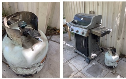 Photo of a large white gas cylinder which is burnt at the top where it has been damaged by fire. The second photo is of a BBQ with the damaged gas cylinder on the ground next to it.