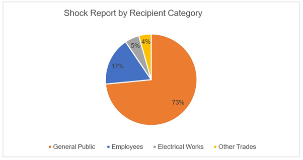 Pie chart showing shock report by recipient category with General Public 73%, Employees 17%, Electrical Works 5% and Other Trades 4%.