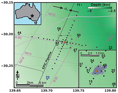 Figure 3 Survey layout of the broadband MT sites (triangles) across the 3.7 km deep borehole (red circle) of the Paralana EGS. Inset shows microseismic events recorded during fracking (Albaric et al. 2014). Background colour is depth to basement, and arrows denote maximum stress direction (Balfour et al. 2015). Lines show roads, seismic lines, and gas pipeline. Reprinted from Peacock et al. (2013; fig. 1) with permission from the Society of Exploration Geophysicists.
