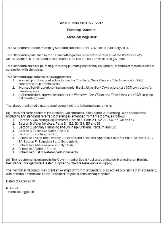 Appendix 6: Plumbing Standard, published by the Technical Regulator pursuant to section 66 of the Water Industry Act 2012.