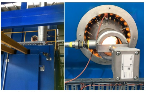 Photos showing a large blue machine with silver pipes and thin red cables.