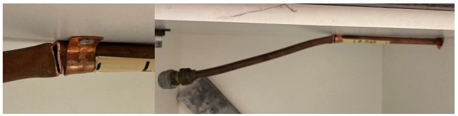 Photos showing a bent and damaged gas pipe.