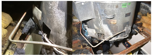 Photos showing a silver hot water heater which looks old and damaged. 