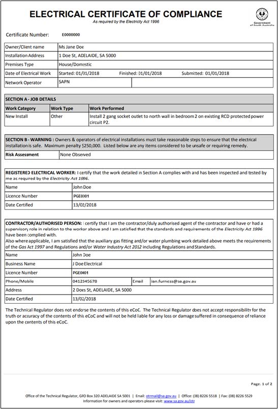 Example of an electrical electronic Certificate of Compliance.