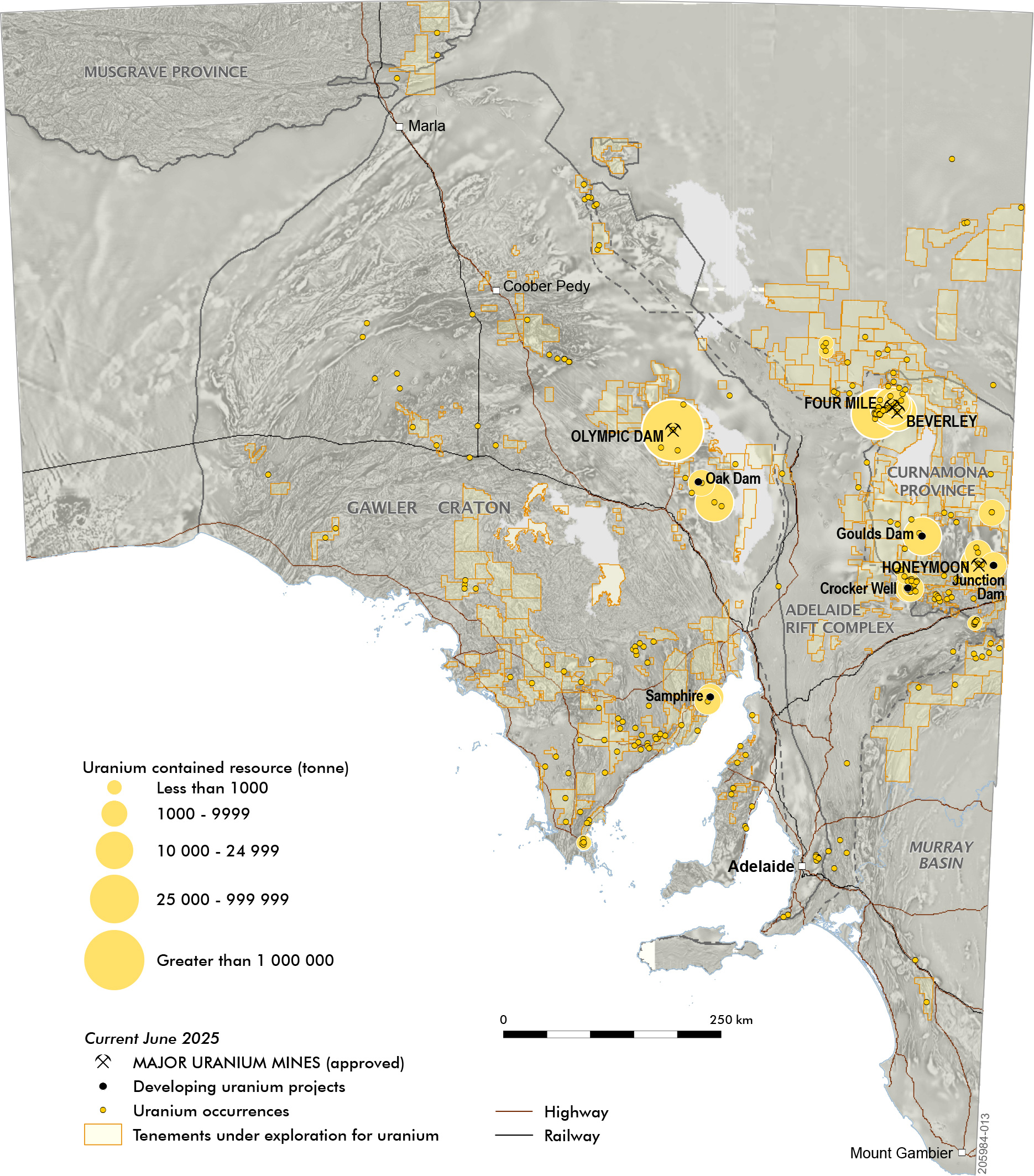 Uranium in South Australia: major uranium mines, developing uranium projects, uranium occurrences and tenements under exploration for uranium (June 2025).
