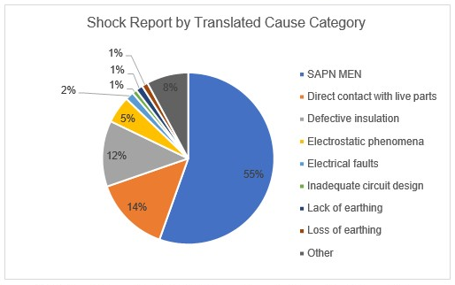 Pie chart depicting shock report by translated cause category, showing SAPN MEN at 55%, Direct contact with live parts 14%, Defective insultation 12%, Electrostatic phenomena 5%, Electrical faults 2%, Inadequate circuit design 1%, Lack of earthing 1%, Loss of earthing 1%, Other 8%.