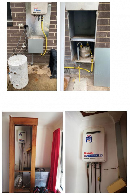 Two photos of a failed outlet service (Figure A1 G11) and two photos of DIY gas work by a homeowner (Figure A1 G12).