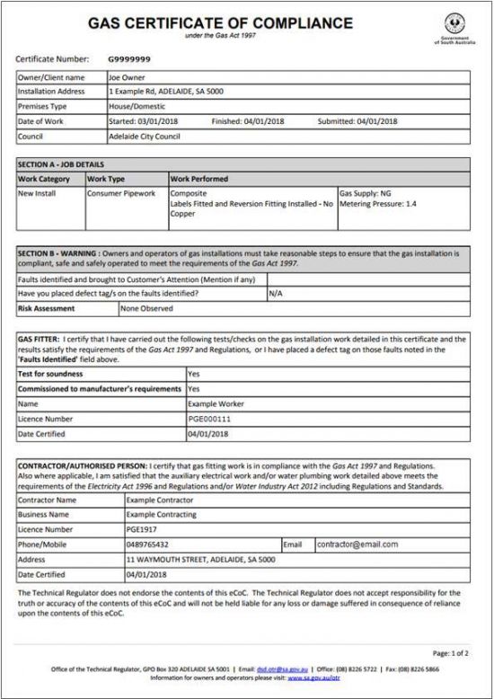 Example of a gas electronic Certificate of Compliance.