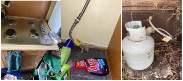 Three photos showing a gas cooktop, and a gas pipe which is unconnected, and gas cylinder outside.