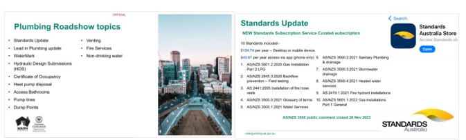 Images showing the 2023 Plumbing Roadshow Seminar topics, which include: Standards Update; WaterMark; Fire Services; Venting; Pump Lines; Hydraulic Design Submissions; and Heat Pump Disposal. 