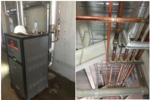 Two photos of Type B hot water heater and overhead pipework inspection audited by an Authorised Officer