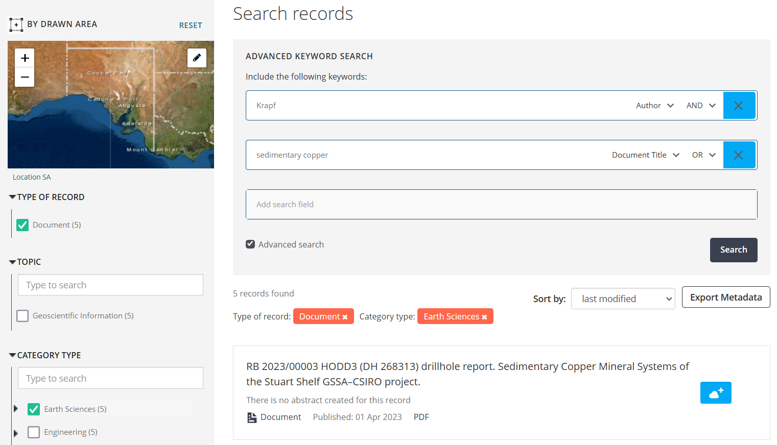 Screenshot of advanced search with facets