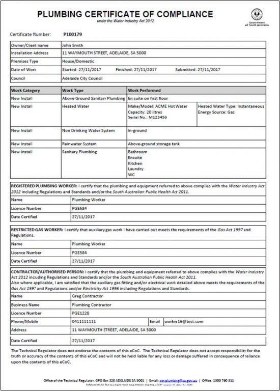 Example of a plumbing electronic Certificate of Compliance.