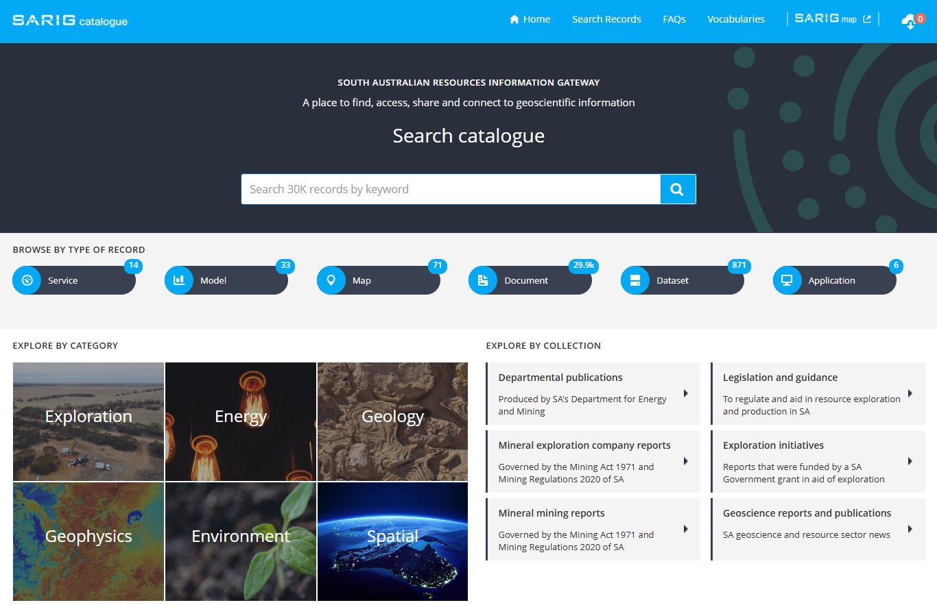 Screenshot of SARIG catalogue home page