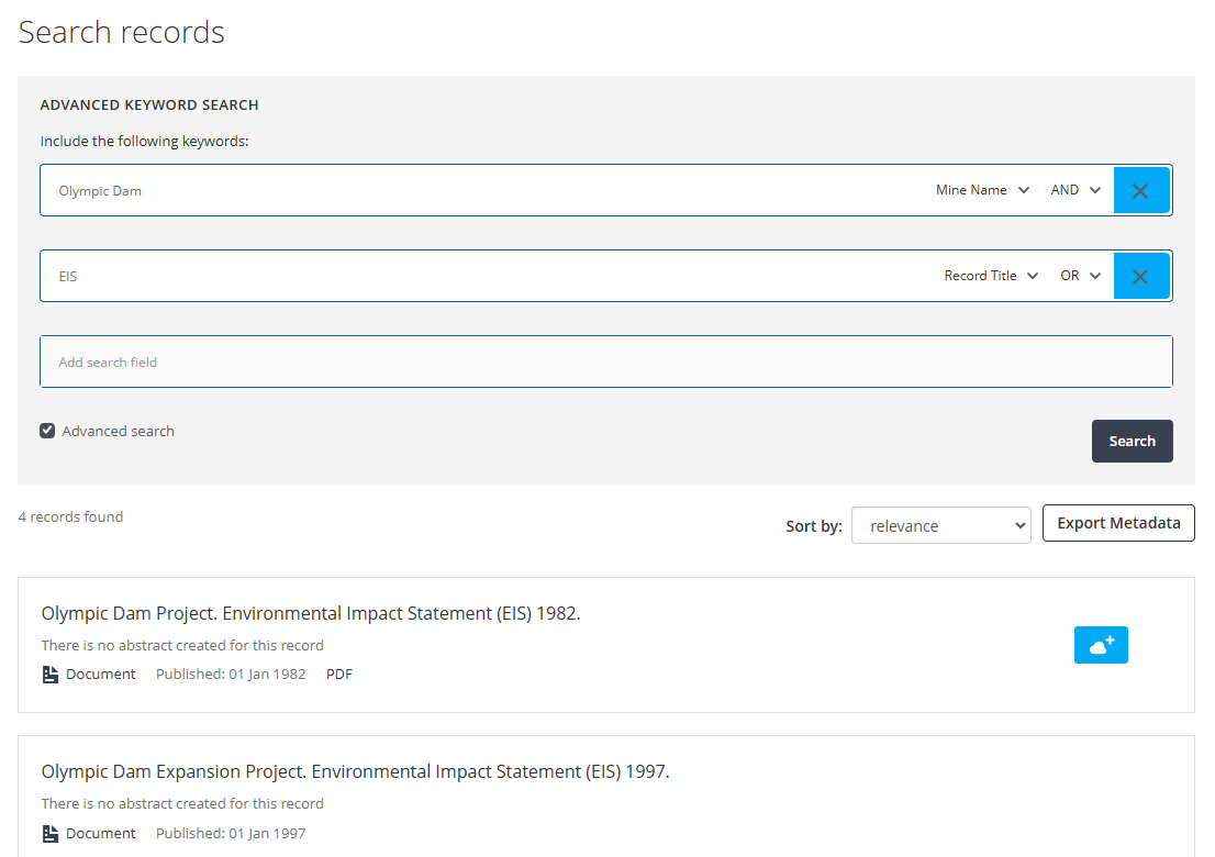 Screenshot of advanced keyword search