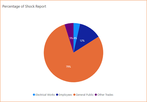 A pie chart showing the percentage  of Shock reports by recipient. It shows 4% Electrical works, 12% Employees, 5% other trades and 79% General public.
