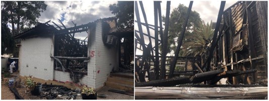 Two photos of the damage to a residential property following an explosion and fire.