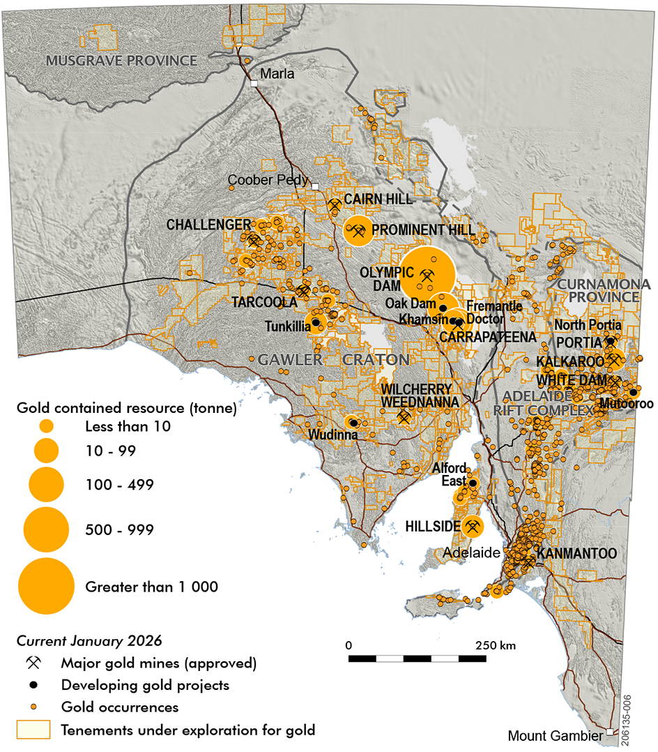 Gold occurrences in South Australia, January 2026.
